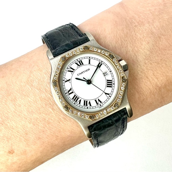 CARTIER SANTOS OCTAGON 31mm Quartz 2 Tone 0.38TCW Diamond Watch main image 9